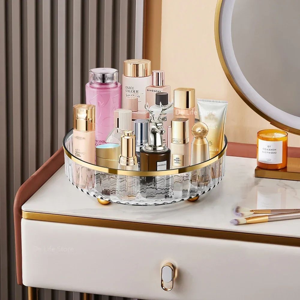 Organisateur de cosmétiques rotatif, organisateur de luxe léger pour parfums et soins de la peau, plateau de rangement de maquillage transparent pour bijoux et aromathérapie